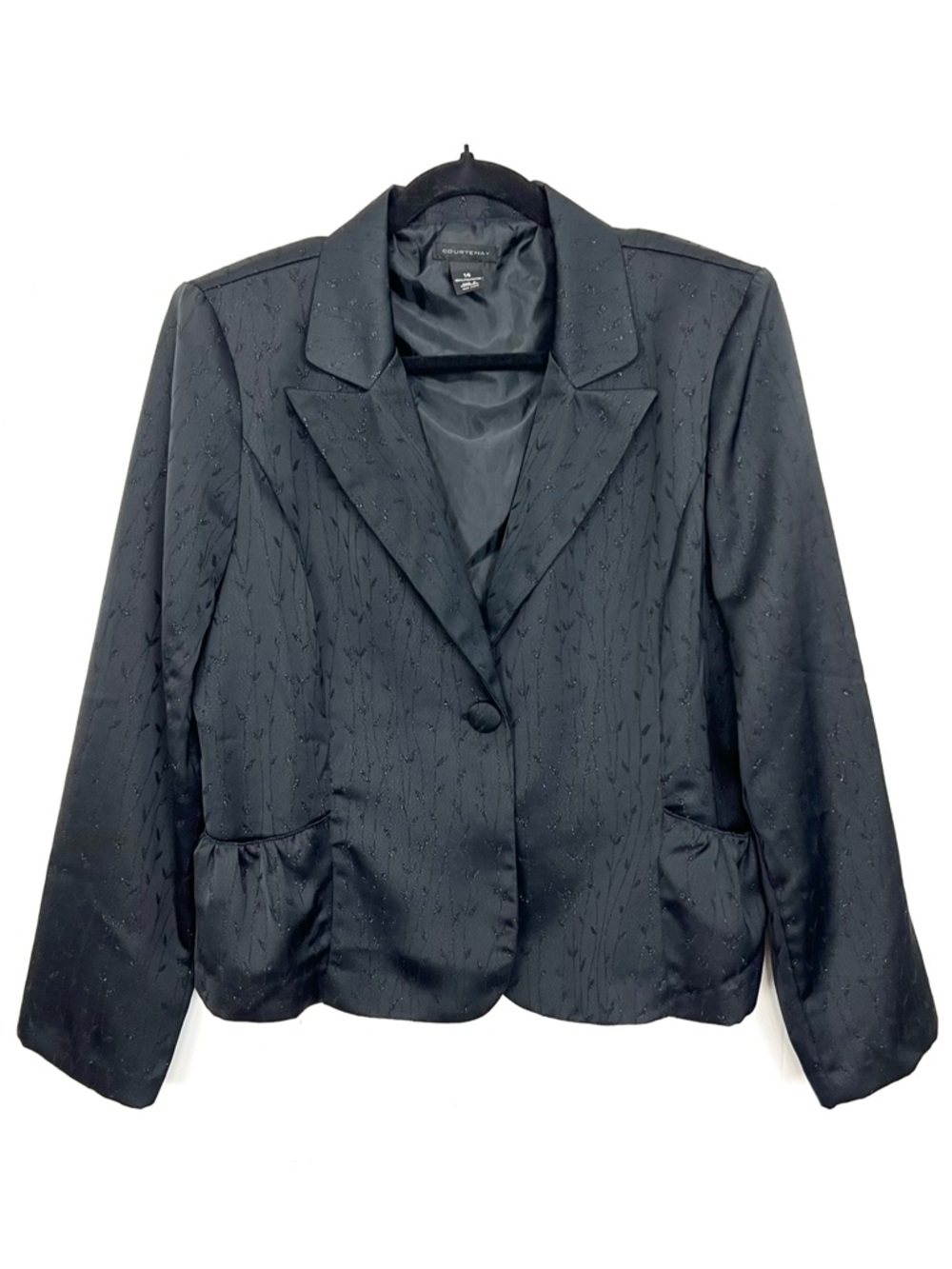 Courtenay‎ Black Satin Blazer Jacket Shimmer Leaf Pattern 14 Large